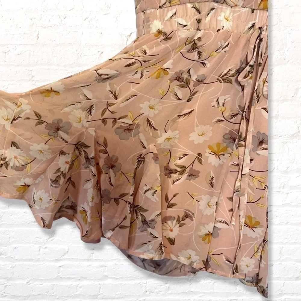 LOVE FIRE pink chiffon floral short sleeve wrap short romper size small